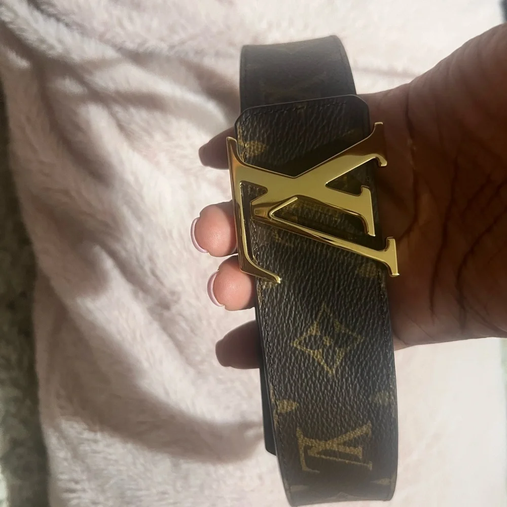 Louis Vuitton Brown Monogram Initiales Canvas Belt with Gold LV Buckle